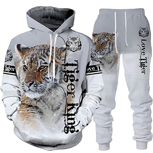 Osheoiso 2 Teilig Herren Jogginganzug Bekleidungsset mit Löwen Tigermuster Zweiteiler Sportanzug Freizeitanzug Outfit Set Sweatshirt Sweathose J 8 XL von Osheoiso