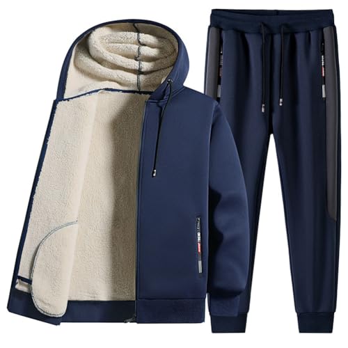 Osheoiso 2 Teilig Herren Jogginganzug Plüsch Mantel mit Kapuze Jacke + Hose Fleece Zweiteiler Casual Freizeitanzug Outfit Mode Zip Up Sweatshirt Sweathose Winter B Dunkelblau M von Osheoiso