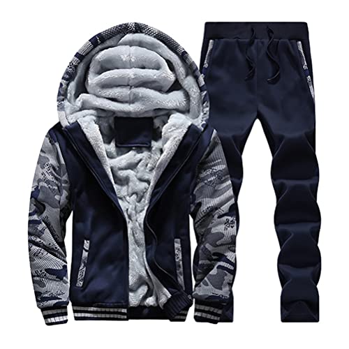 Osheoiso 2 Teilig Herren Jogginganzug Plüsch Tarnmantel Tarnjacke + Hose Fleece Zweiteiler Casual Freizeitanzug Outfit Mode Set Zip Up Sweatshirt Sweathose Winter A Dunkelblau XL von Osheoiso