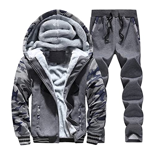 Osheoiso 2 Teilig Herren Jogginganzug Plüsch Tarnmantel Tarnjacke + Hose Fleece Zweiteiler Casual Freizeitanzug Outfit Mode Set Zip Up Sweatshirt Sweathose Winter A Grau M von Osheoiso