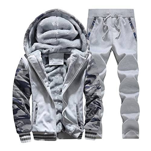 Osheoiso 2 Teilig Herren Jogginganzug Plüsch Tarnmantel Tarnjacke + Hose Fleece Zweiteiler Casual Freizeitanzug Outfit Mode Set Zip Up Sweatshirt Sweathose Winter A Hellgrau XL von Osheoiso