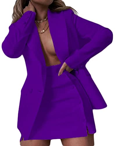 Osheoiso 2 Teiliger Damen Business Blazer mit Kurzem Anzug Rock Anzug Zweiteiler Einfarbig Casual Anzug Set Langarm Kleine Sommer Leicht Mantel Blazerjacke A Violett XL von Osheoiso