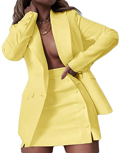 Osheoiso 2 Teiliger Damen Business Blazer mit Kurzem Anzug Rock Anzug Zweiteiler Elegant Einfarbig Anzug Set Langarm Kleine Sommer Leicht Mantel Blazerjacke A Gelb L von Osheoiso