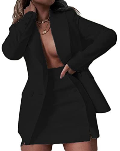 Osheoiso 2 Teiliger Damen Business Blazer mit Kurzem Anzug Rock Anzug Zweiteiler Elegant Einfarbig Anzug Set Langarm Kleine Sommer Leicht Mantel Blazerjacke A Schwarz 3XL von Osheoiso