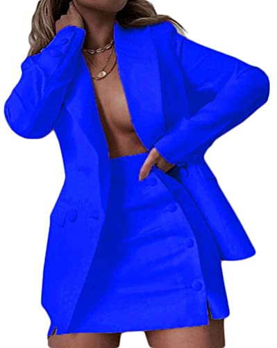 Osheoiso 2 Teiliger Damen Business Blazer mit Kurzem Anzug Rock Vintage Zweiteiler Einfarbig Mode Anzug Set Langarm Kleine Sommer Leicht Mantel Blazerjacke A Dunkelblau M von Osheoiso