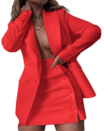 Osheoiso 2 Teiliger Damen Business Blazer mit Kurzem Anzug Rock Vintage Zweiteiler Einfarbig Mode Anzug Set Langarm Kleine Sommer Leicht Mantel Blazerjacke A Rot M von Osheoiso