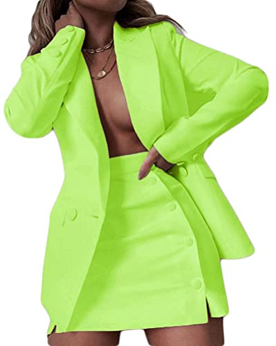 Osheoiso 2 Teiliger Damen Business Blazer mit Kurzem Anzug Rock Vintage Zweiteiler Einfarbig Mode Anzug Set Langarm Kleine Sommer Leicht Mantel Blazerjacke Leuchtendes Grün M von Osheoiso
