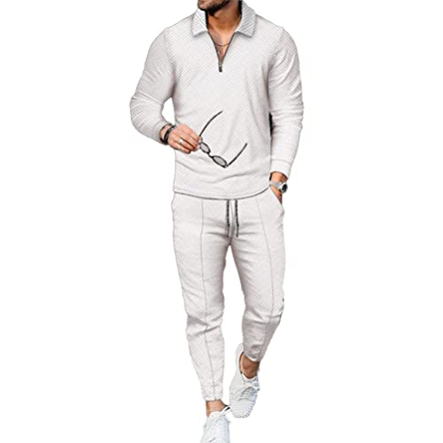 Osheoiso 2-Teiliges Herren T-Shirt Hosen und Lang Jogginganzug Langarm Daily Set Home Wear Casual Outfits Trainingsanzug Fitnessanzug Sportanzug Herbst Winteranzug A Weiß M von Osheoiso