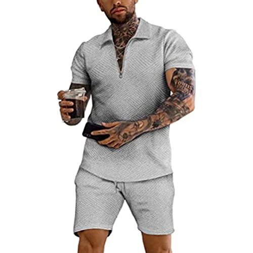 Osheoiso 2 Teiliges Sommer Sportanzug T-Shirts + Kurze Hose Casual Freizeitanzug Suit Outfit Kurzarm Sporthose Mit Taschen T-Shirt Männer Trainingsanzug A Grau M von Osheoiso