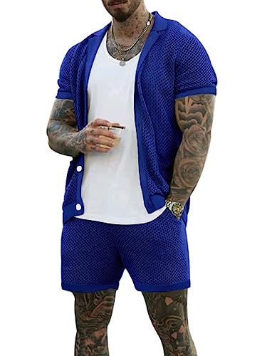 Osheoiso 2 Teiliges Sommer Sportanzug T-Shirts + Kurze Hose Mit Kordelzug Casual Freizeitanzug Suit Outfit Kurzarm Sporthose T-Shirt Männer Trainingsanzug A Dunkelblau 3XL von Osheoiso