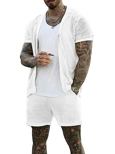 Osheoiso 2 Teiliges Sommer Sportanzug T-Shirts + Kurze Hose Mit Kordelzug Casual Freizeitanzug Suit Outfit Kurzarm Sporthose T-Shirt Männer Trainingsanzug A Weiß M von Osheoiso