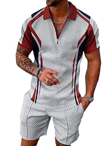 Osheoiso 2 Teiliges Sommersportanzug T-Shirts + Hose Kurze Freizeitanzug Suit Vintage Bedruckter Set Kurzarm Sporthose T-Shirt Männer Trainingsanzug Sporthose A 2 XL von Osheoiso