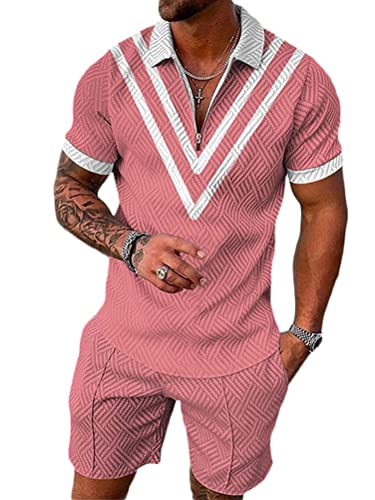Osheoiso 2 Teiliges Sommersportanzug T-Shirts + Hose Kurze Freizeitanzug Suit Vintage Bedruckter Set Kurzarm Sporthose T-Shirt Männer Trainingsanzug Sporthose B Rosa XL von Osheoiso