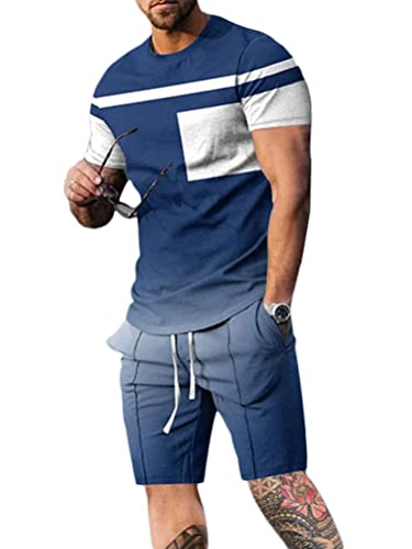 Osheoiso 2 Teiliges Sommersportanzug T-Shirts + Kurze Hose Druck Freizeitanzug Suit Vintage Set Kurzarm Sporthose T-Shirt Männer Casual Trainingsanzug Sporthose A 9 M von Osheoiso