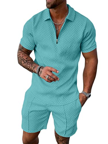 Osheoiso 2 Teiliges Sommersportanzug T-Shirts + Kurze Hose Sets Casual Freizeitanzug Suit Outfit Kurzarm Sporthose T-Shirt Männer Trainingsanzug Sporthose Mit Taschen A Blauer See 3XL von Osheoiso