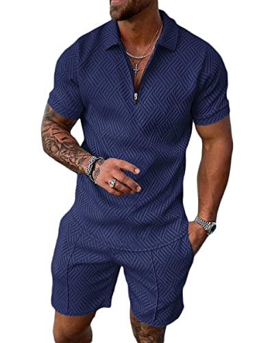 Osheoiso 2 Teiliges Sommersportanzug T-Shirts + Kurze Hose Sets Casual Freizeitanzug Suit Outfit Kurzarm Sporthose T-Shirt Männer Trainingsanzug Sporthose Mit Taschen A Dunkelblau M von Osheoiso