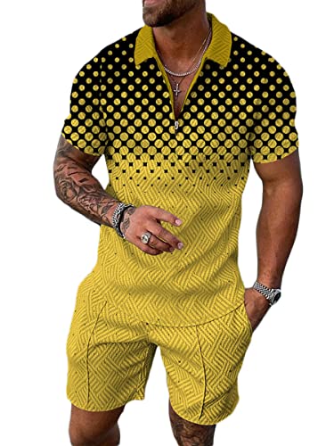 Osheoiso 2 Teiliges Sommersportanzug T-Shirts + Kurze Hose Sets Casual Freizeitanzug Suit Outfit Kurzarm Sporthose T-Shirt Männer Trainingsanzug Sporthose Mit Taschen A Gelb XL von Osheoiso