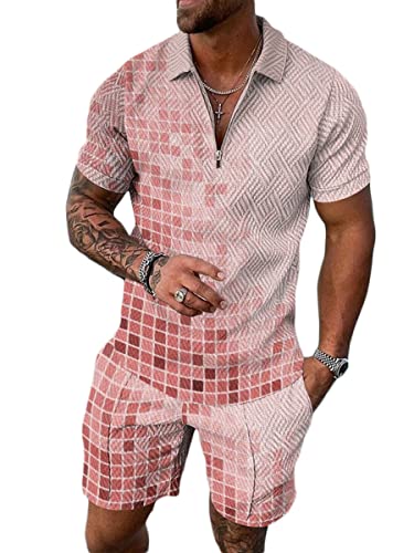 Osheoiso 2 Teiliges Sommersportanzug T-Shirts + Kurze Hose Sets Casual Freizeitanzug Suit Outfit Kurzarm Sporthose T-Shirt Männer Trainingsanzug Sporthose Mit Taschen A Rosa L von Osheoiso