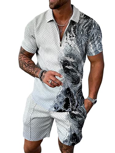 Osheoiso 2 Teiliges Sommersportanzug T-Shirts + Kurze Hose Sets Casual Freizeitanzug Suit Outfit Kurzarm Sporthose T-Shirt Männer Trainingsanzug Sporthose Mit Taschen Pattern B XL von Osheoiso