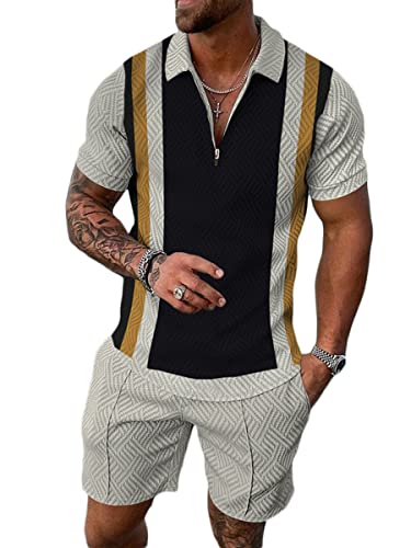 Osheoiso 2 Teiliges Sommersportanzug T-Shirts + Kurze Hose Sets Casual Freizeitanzug Suit Outfit Kurzarm Sporthose T-Shirt Männer Trainingsanzug Sporthose Mit Taschen Pattern E 3XL von Osheoiso