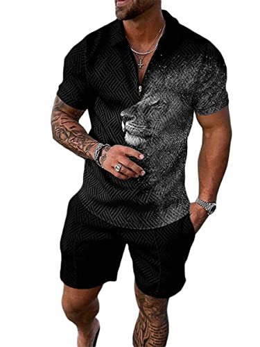 Osheoiso 2 Teiliges Sommersportanzug T-Shirts + Kurze Hose Sets Casual Freizeitanzug Suit Outfit Kurzarm Sporthose T-Shirt Männer Trainingsanzug Sporthose Mit Taschen Pattern I L von Osheoiso