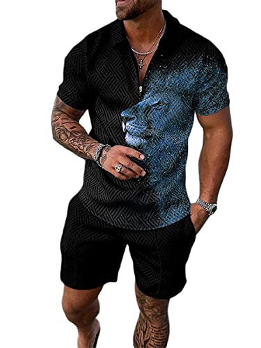 Osheoiso 2 Teiliges Sommersportanzug T-Shirts + Kurze Hose Sets Casual Freizeitanzug Suit Outfit Kurzarm Sporthose T-Shirt Männer Trainingsanzug Sporthose Mit Taschen Pattern J XL von Osheoiso