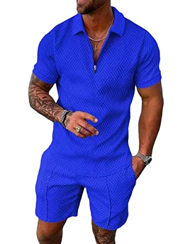 Osheoiso 2 Teiliges Sommersportanzug T-Shirts + Kurze Hose Sets Casual Freizeitanzug Suit Outfit Kurzarm T-Shirt Männer Trainingsanzug Sporthose mit Reißverschluss A Azurblau M von Osheoiso