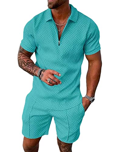 Osheoiso 2 Teiliges Sommersportanzug T-Shirts + Kurze Hose Sets Casual Freizeitanzug Suit Outfit Kurzarm T-Shirt Männer Trainingsanzug Sporthose mit Reißverschluss A Blauer See S von Osheoiso