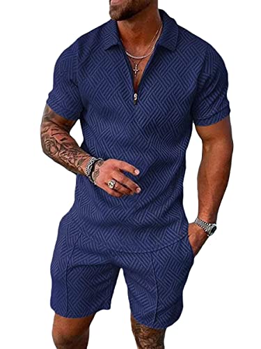 Osheoiso 2 Teiliges Sommersportanzug T-Shirts + Kurze Hose Sets Casual Freizeitanzug Suit Outfit Kurzarm T-Shirt Männer Trainingsanzug Sporthose mit Reißverschluss A Dunkelblau S von Osheoiso