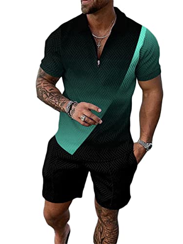 Osheoiso 2 Teiliges Sommersportanzug T-Shirts + Kurze Hose Sets Casual Freizeitanzug Suit Outfit Kurzarm T-Shirt Männer Trainingsanzug Sporthose mit Reißverschluss Pattern C M von Osheoiso