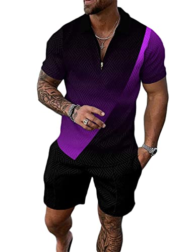 Osheoiso 2 Teiliges Sommersportanzug T-Shirts + Kurze Hose Sets Casual Freizeitanzug Suit Outfit Kurzarm T-Shirt Männer Trainingsanzug Sporthose mit Reißverschluss Pattern E M von Osheoiso