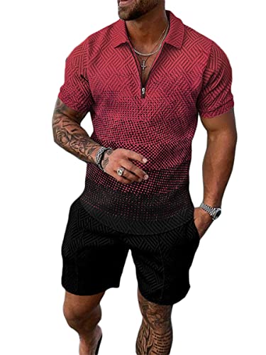Osheoiso 2 Teiliges Sommersportanzug T-Shirts + Kurze Hose Sets Casual Freizeitanzug Suit Outfit Kurzarm T-Shirt Männer Trainingsanzug Sporthose mit Reißverschluss Pattern F XXL von Osheoiso