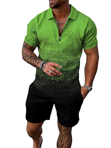 Osheoiso 2 Teiliges Sommersportanzug T-Shirts + Kurze Hose Sets Casual Freizeitanzug Suit Outfit Kurzarm T-Shirt Männer Trainingsanzug Sporthose mit Reißverschluss Pattern G 3XL von Osheoiso