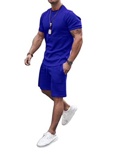 Osheoiso 2 Teiliges Sommersportanzug T-Shirts + Kurze Hose Sets Freizeitanzug Suit Outfit Sport Set Kurzarm Sporthose T-Shirt Männer Trainingsanzug Sporthose Mit Taschen A Blau L von Osheoiso