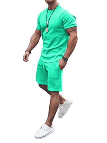 Osheoiso 2 Teiliges Sommersportanzug T-Shirts + Kurze Hose Sets Freizeitanzug Suit Outfit Sport Set Kurzarm Sporthose T-Shirt Männer Trainingsanzug Sporthose Mit Taschen A Blauer See XL von Osheoiso