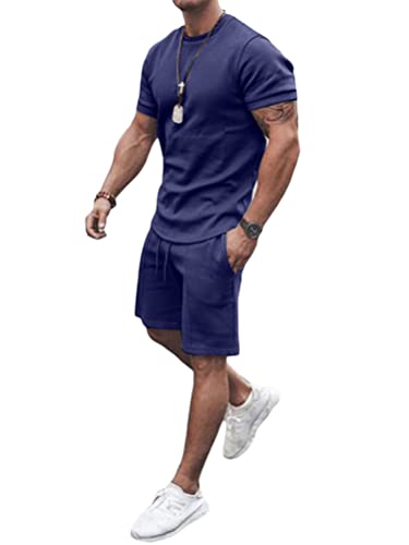 Osheoiso 2 Teiliges Sommersportanzug T-Shirts + Kurze Hose Sets Freizeitanzug Suit Outfit Sport Set Kurzarm Sporthose T-Shirt Männer Trainingsanzug Sporthose Mit Taschen A Dunkelblau L von Osheoiso