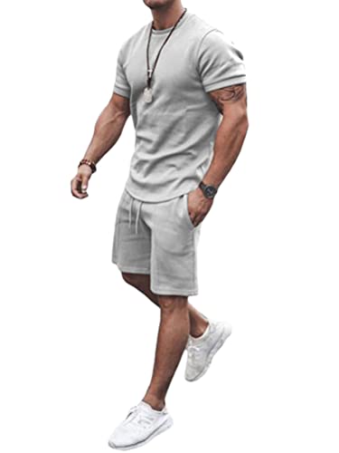 Osheoiso 2 Teiliges Sommersportanzug T-Shirts + Kurze Hose Sets Freizeitanzug Suit Outfit Sport Set Kurzarm Sporthose T-Shirt Männer Trainingsanzug Sporthose Mit Taschen A Grau M von Osheoiso