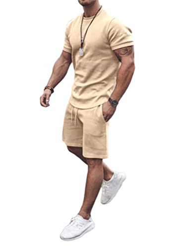 Osheoiso 2 Teiliges Sommersportanzug T-Shirts + Kurze Hose Sets Freizeitanzug Suit Outfit Sport Set Kurzarm Sporthose T-Shirt Männer Trainingsanzug Sporthose Mit Taschen A Khaki 3XL von Osheoiso