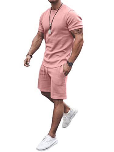 Osheoiso 2 Teiliges Sommersportanzug T-Shirts + Kurze Hose Sets Freizeitanzug Suit Outfit Sport Set Kurzarm Sporthose T-Shirt Männer Trainingsanzug Sporthose Mit Taschen A Rosa L von Osheoiso