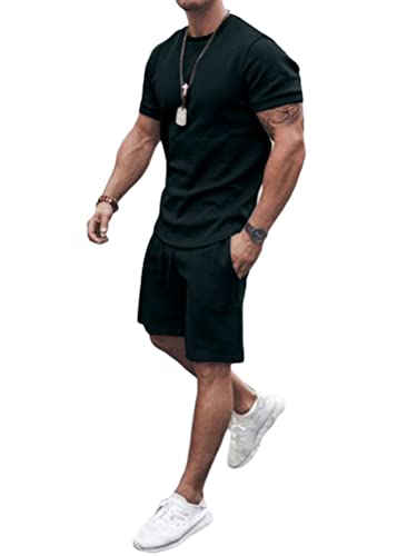 Osheoiso 2 Teiliges Sommersportanzug T-Shirts + Kurze Hose Sets Freizeitanzug Suit Outfit Sport Set Kurzarm Sporthose T-Shirt Männer Trainingsanzug Sporthose Mit Taschen A Schwarz M von Osheoiso