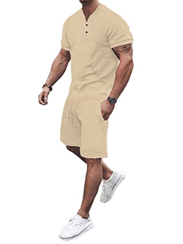 Osheoiso 2 Teiliges Sommersportanzug T-Shirts + Kurze Hose Sets Freizeitanzug Suit Outfit Sport Set Kurzarm Sporthose T-Shirt Männer Trainingsanzug Sporthose Mit Taschen C Khaki XL von Osheoiso