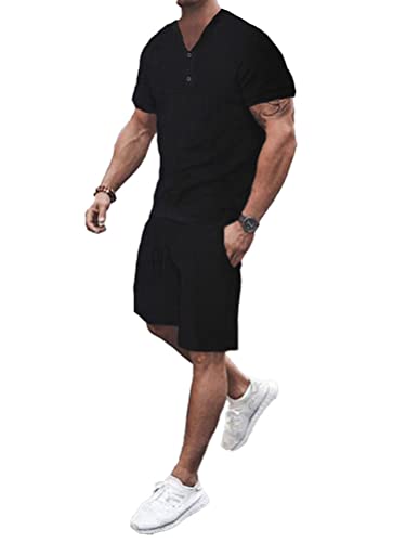 Osheoiso 2 Teiliges Sommersportanzug T-Shirts + Kurze Hose Sets Freizeitanzug Suit Outfit Sport Set Kurzarm Sporthose T-Shirt Männer Trainingsanzug Sporthose Mit Taschen C Schwarz XL von Osheoiso