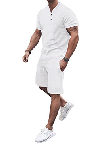 Osheoiso 2 Teiliges Sommersportanzug T-Shirts + Kurze Hose Sets Freizeitanzug Suit Outfit Sport Set Kurzarm Sporthose T-Shirt Männer Trainingsanzug Sporthose Mit Taschen C Weiß XL von Osheoiso