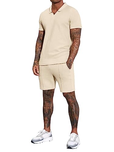 Osheoiso 2 Teiliges Sommersportanzug T-Shirts + Kurze Hose Sets Freizeitanzug Suit Outfit Sport Set Sporthose T-Shirt Männer Trainingsanzug Hose Mit Taschen D Khaki M von Osheoiso