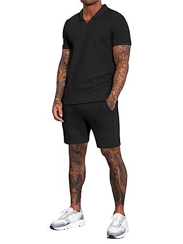 Osheoiso 2 Teiliges Sommersportanzug T-Shirts + Kurze Hose Sets Freizeitanzug Suit Outfit Sport Set Sporthose T-Shirt Männer Trainingsanzug Hose Mit Taschen D Schwarz M von Osheoiso