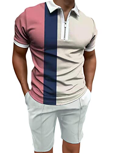 Osheoiso 2 Teiliges T-Shirt + Hosen Sets Herren Shirt Shorts Jogginganzug Casual Freizeitanzug Outfit Sweathose Kurze für Herren Polo Arbeitshemd Sommersportanzug A Rosa L von Osheoiso