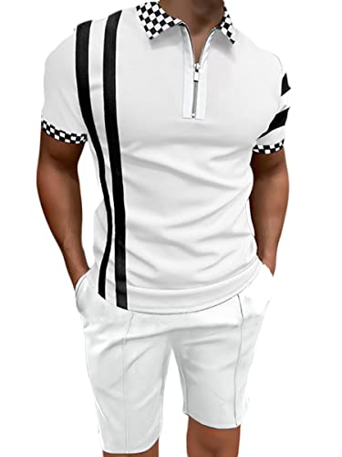 Osheoiso 2 Teiliges T-Shirt + Hosen Sets Herren Shirt Shorts Jogginganzug Casual Freizeitanzug Outfit Sweathose Kurze für Herren Polo Arbeitshemd Sommersportanzug A Weiß L von Osheoiso