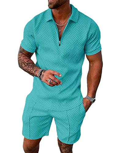 Osheoiso 2 Teiliges T-Shirt + Hosen Sets Herren Shirt Shorts Jogginganzug Casual Freizeitanzug Outfit Sweathose Kurze für Herren Polo Hemd Kurze Hose Lässige Shorts A Blauer See M von Osheoiso