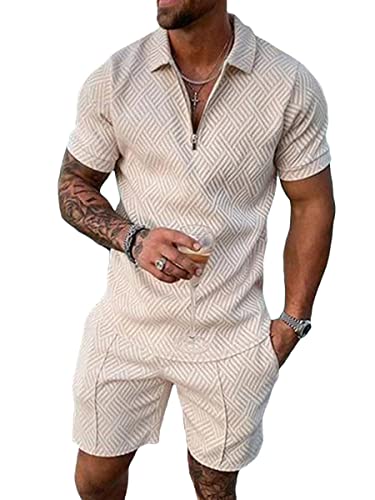 Osheoiso 2 Teiliges T-Shirt + Hosen Sets Herren Shirt Shorts Jogginganzug Casual Freizeitanzug Outfit Sweathose Kurze für Herren Polo Hemd Kurze Hose Lässige Shorts A Khaki L von Osheoiso