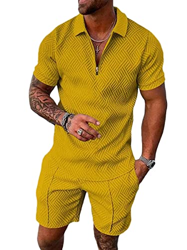 Osheoiso 2 Teiliges T-Shirt + Hosen Sets Herren Shirt Shorts Jogginganzug Casual Freizeitanzug Outfit Sweathose Kurze für Herren Polo Hemd Kurze Hose Mode Lässige Shorts A Gelb L von Osheoiso